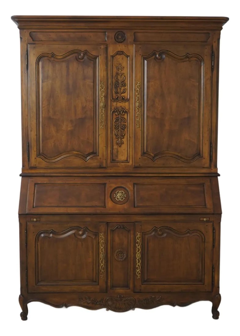 Large Country French Style Wood Secretary Cabinet with Lighted Interior and Carved Details: Large Country French Style Wood Secretary Cabinet with Lighted Interior and Carved Details This large secretary desk features a Country French style with light factory distressing and elegant carved d