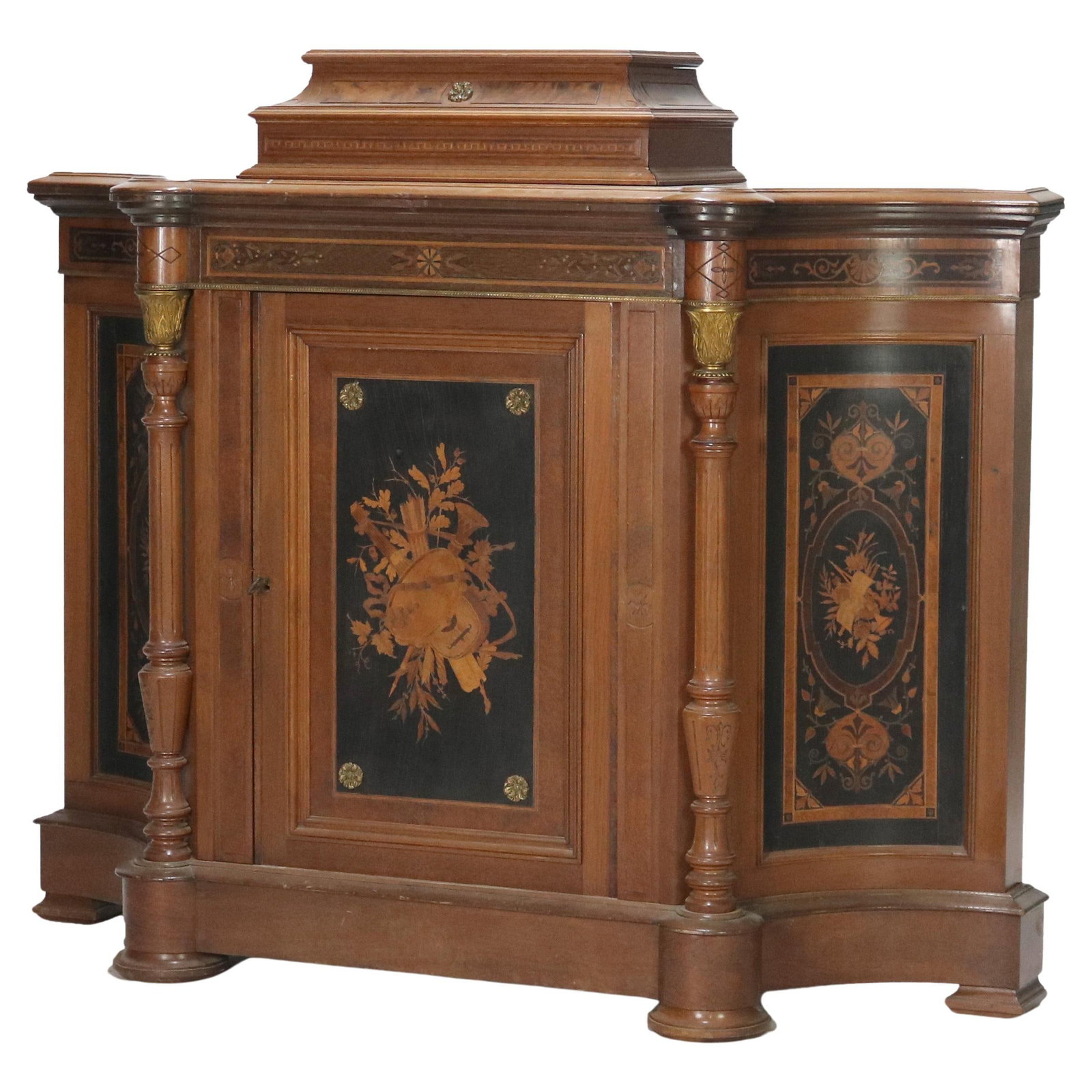 Antique Renaissance Revival Credenza Walnut Ormolu Marquetry c1880: Antique Renaissance Revival Credenza Walnut Ormolu Marquetry c1880 This Antique Renaissance Revival Credenza, crafted circa 1880, showcases exquisite artistry in walnut wood with intricate marquetry a