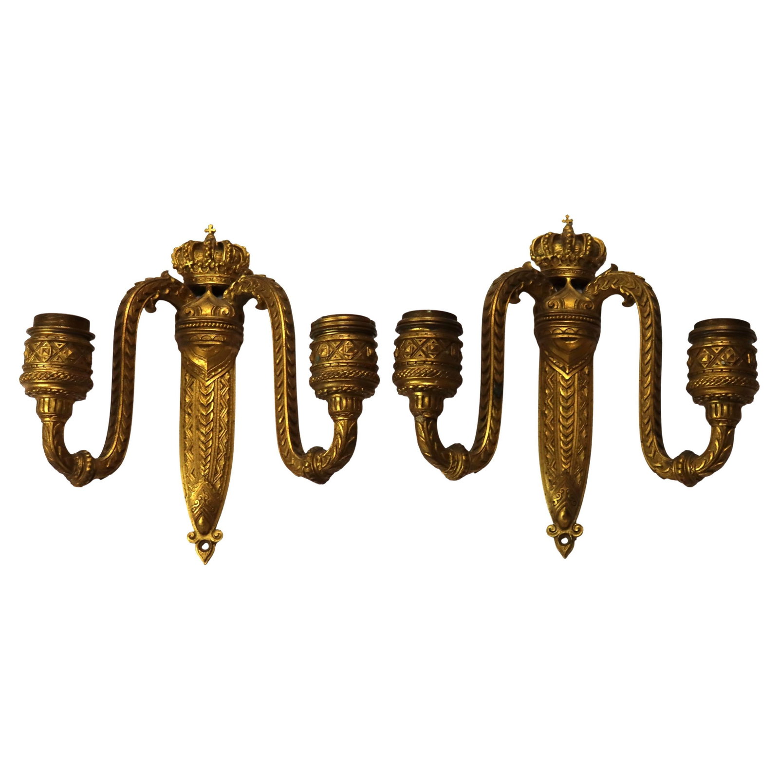 Set of 2 French Gilt Bronze Wall Sconces with Crown Motif Circa 1890: Set of 2 French Gilt Bronze Wall Sconces with Crown Motif Circa 1890 This is a pair of antique French gilt bronze dual-candle sconces from circa 1890. Each sconce features two candle holders and is ad
