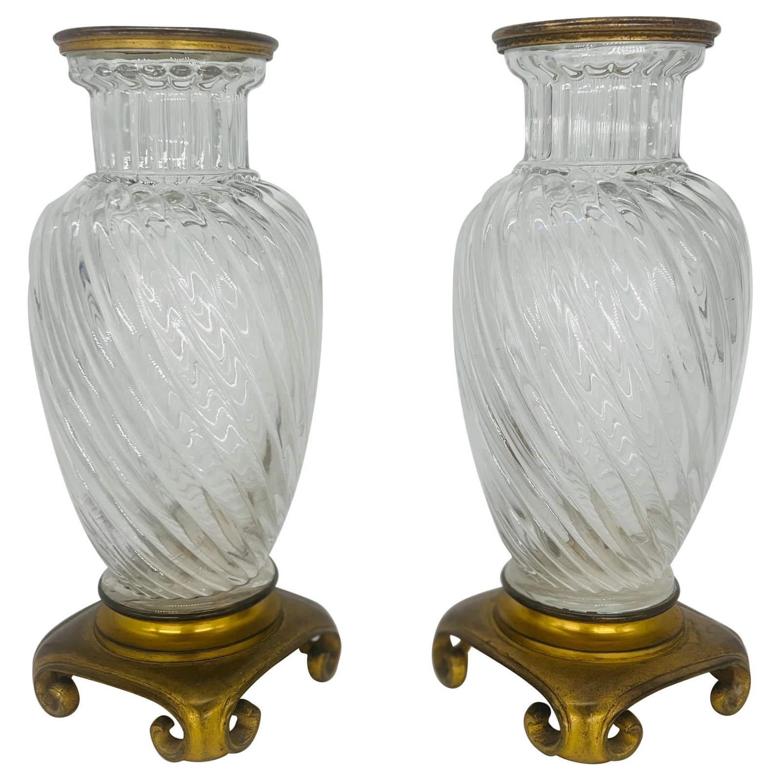 19th Century Baccarat Crystal Vases Set of 2 with Bronze Mounts: 19th Century Baccarat Crystal Vases Set of 2 with Bronze Mounts This exquisite pair of 19th century Baccarat crystal vases showcases the renowned swirl pattern, beautifully complemented by bronze ormo