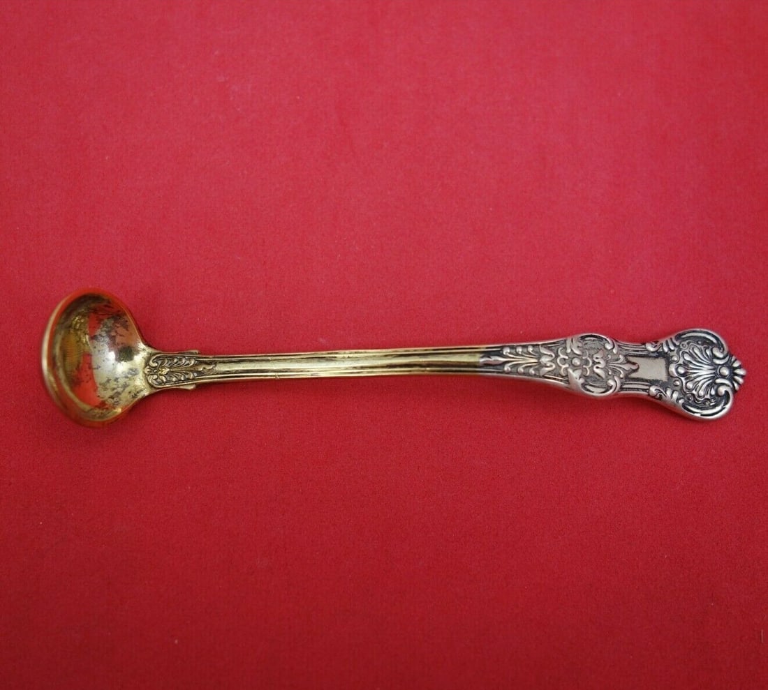 Tiffany & Co English King Sterling Silver Mustard Ladle Gold Wash 3 7/8": Tiffany & Co English King Sterling Silver Mustard Ladle Gold Wash 3 7/8" Discover the elegance of the English King Mustard Ladle by Tiffany & Co., crafted from high-quality sterling silver. This exqui
