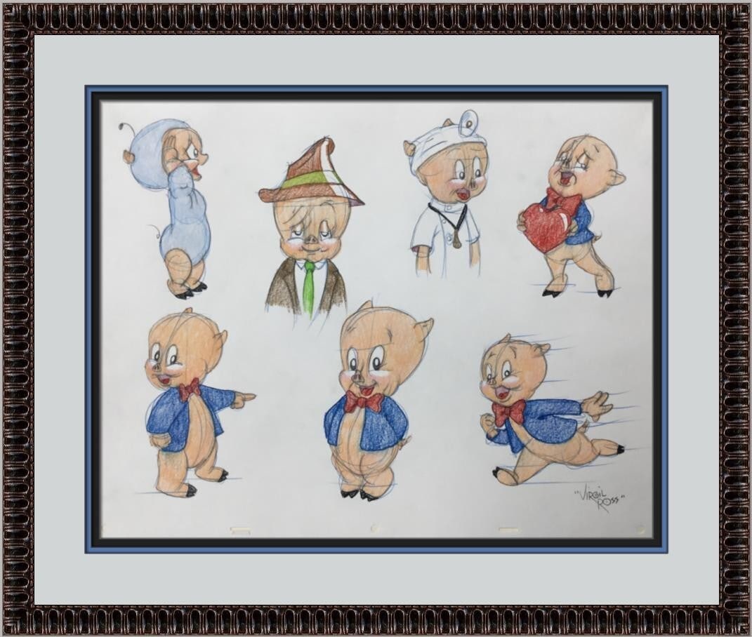 Virgil Ross Signed Porky Pig Model Sheet Custom Framed Warner Bros Animation: Virgil Ross Signed Porky Pig Model Sheet Custom Framed Warner Bros Animation This original signed model sheet features the beloved character Porky Pig, illustrated by legendary animator Virgil Ross. C