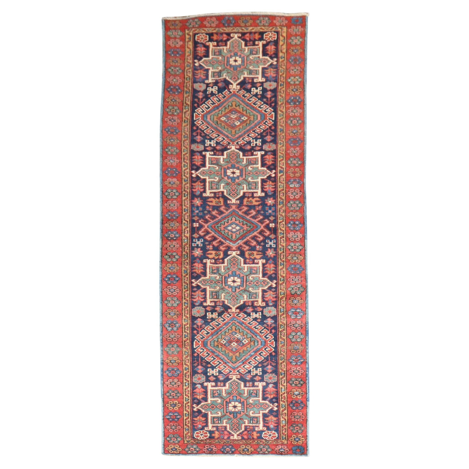Antique Persian Heriz Runner Hand-Knotted Wool Navy Blue 2'10 x 9': Antique Persian Heriz Runner Hand-Knotted Wool Navy Blue 2'10 x 9' This exquisite Antique Navy Blue Heriz runner showcases a captivating geometric design, beautifully crafted from hand-knotted wool. O