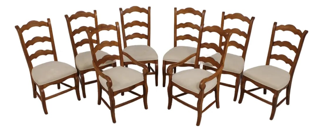 Eight Oak Country French Ladderback Dining Chairs Scroll Arm Drexel Heritage Set of 8 (1 of 10)