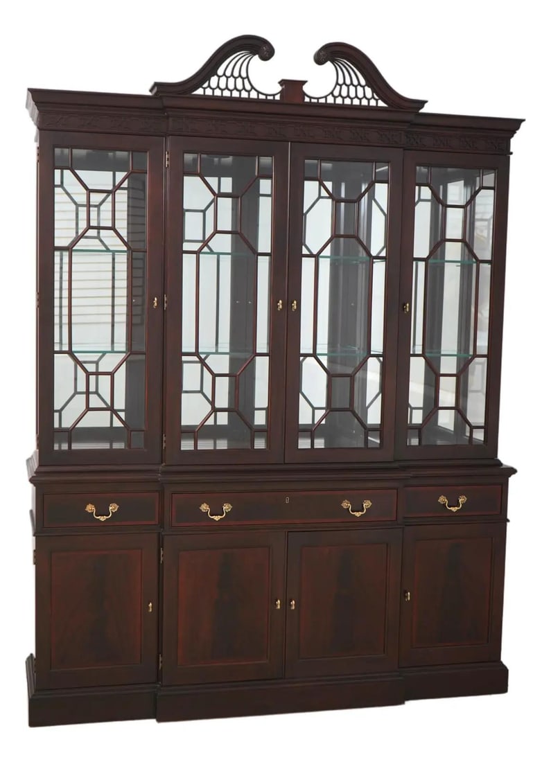 Stickley Mahogany 4 Door Breakfront China Cabinet Lighted Interior: Stickley Mahogany 4 Door Breakfront China Cabinet Lighted Interior This Stickley Mahogany Large 4 Door Breakfront China Cabinet is an impressive piece, crafted around 2016. It features a rich mahogany