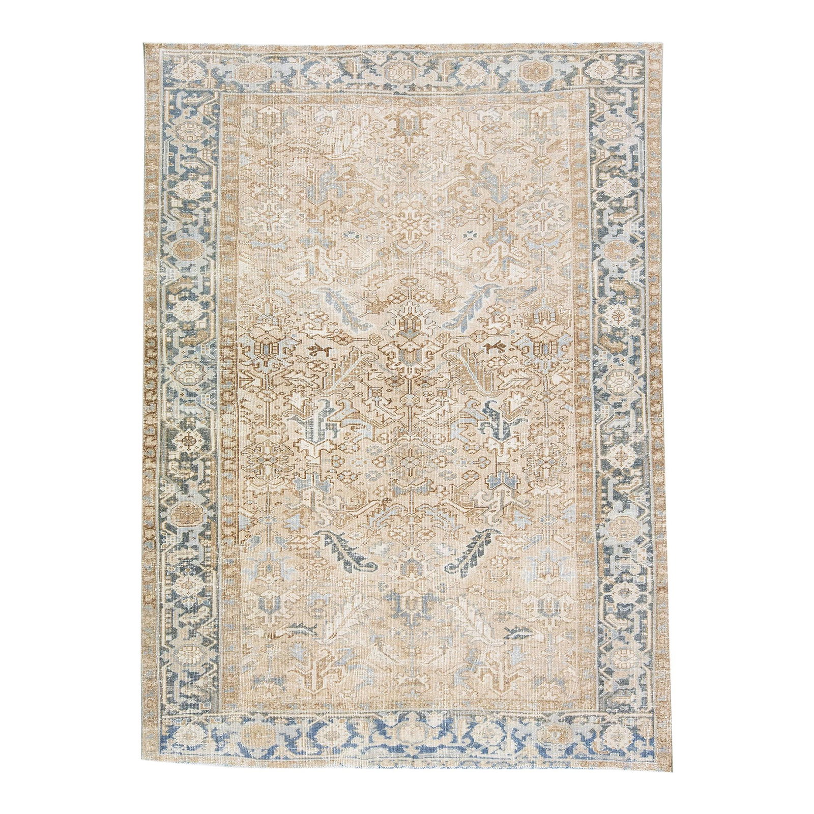 Antique Heriz Persian Wool Rug 7'3 x 10' Beige Blue Floral Design (1 of 7)