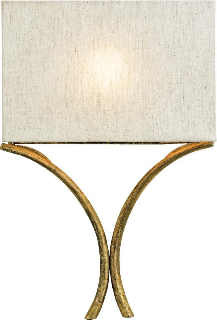 Currey Cornwall Wall Sconce French Gold Leaf Linen Shade: Currey Cornwall Wall Sconce French Gold Leaf Linen Shade Illuminate your space with the Cornwall Wall Sconce, where elegance meets functionality. This contemporary lighting fixture features a stunning