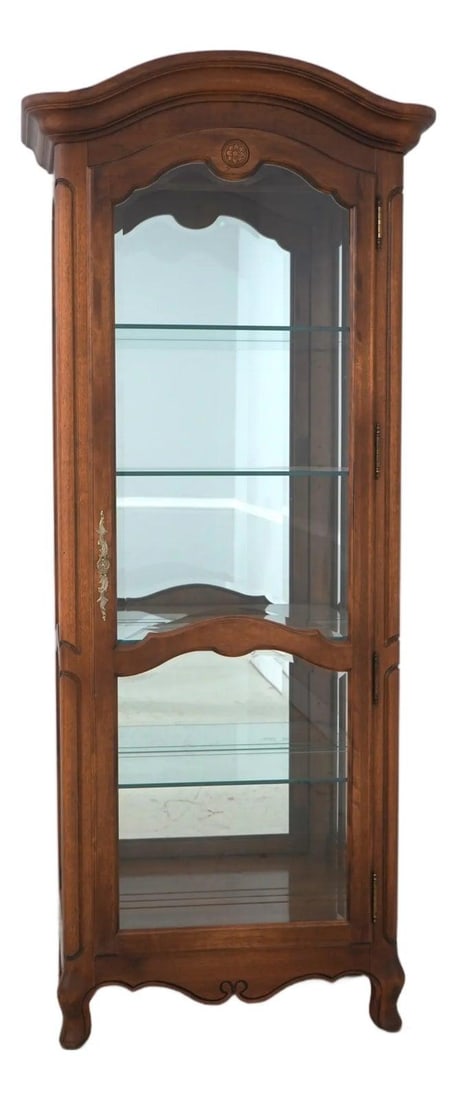 Maple Curio Display Cabinet Country French Style With Mirrored Back And Lighting: Maple Curio Display Cabinet Country French Style With Mirrored Back And Lighting This Country French curio cabinet by Ethan Allen features high-quality construction with a solid maple frame and a brow