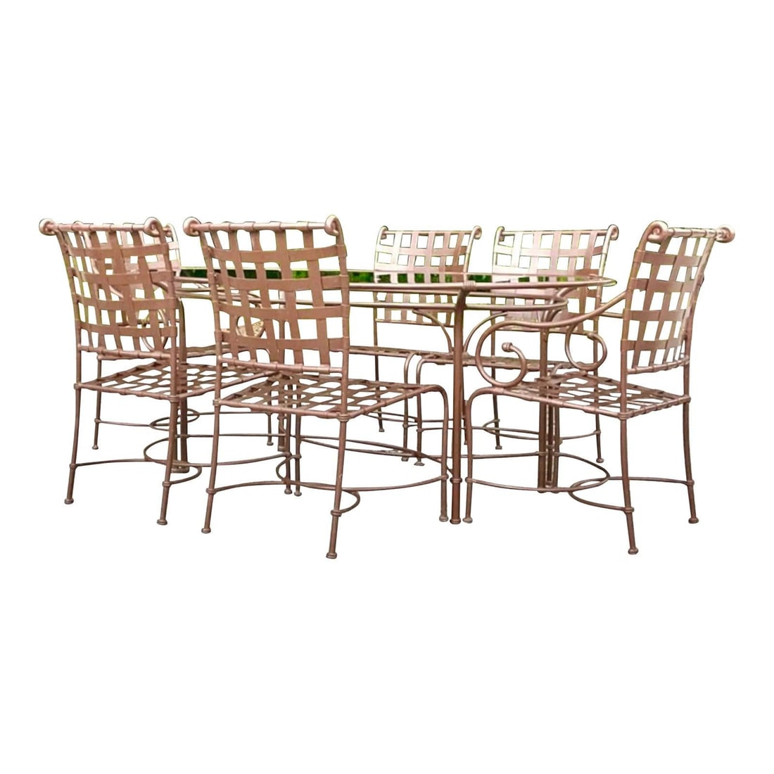 Vintage Brown Jordan Florentine Cast Aluminum Dining Set with 6 Chairs: Vintage Brown Jordan Florentine Cast Aluminum Dining Set with 6 Chairs Experience timeless elegance with the Vintage Regency Brown Jordan "Florentine" Cast Aluminum Outdoor Dining Set. This exquisite 