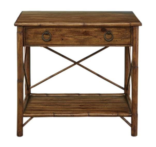 Mediterranean Style Rattan and Knotty Pecan Side Table with X-Stretchers: Mediterranean Style Rattan and Knotty Pecan Side Table with X-Stretchers This elegant side table features a blend of rattan and knotty pecan wood, finished with a hand-rubbed effect for a classic Medi