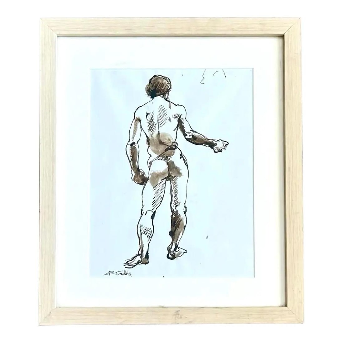 Framed Pen and Ink Study of Standing Male Nude Figure: Framed Pen and Ink Study of Standing Male Nude Figure This framed drawing features the back view of a standing male nude, created with loose pen and ink lines complemented by subtle brown washes that 