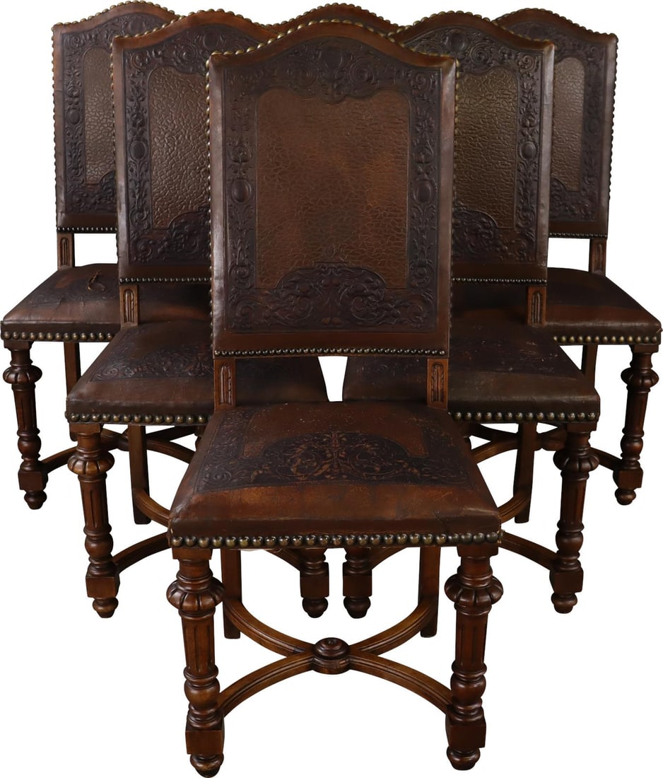 1890 Renaissance Style Walnut Leather Dining Chairs from France: 1890 Renaissance Style Walnut Leather Dining Chairs from France Experience the elegance of 1890 with this set of Renaissance-style dining chairs, exquisitely crafted from walnut. Each chair features a