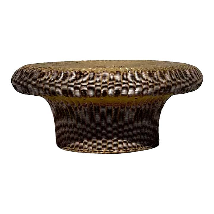 Mid 20th Century Vintage Coastal Rattan Mushroom Coffee Table: Mid 20th Century Vintage Coastal Rattan Mushroom Coffee Table Enhance your living space with this Vintage Coastal Woven Rattan Mushroom Coffee Table, a perfect blend of style and function. This mid 20