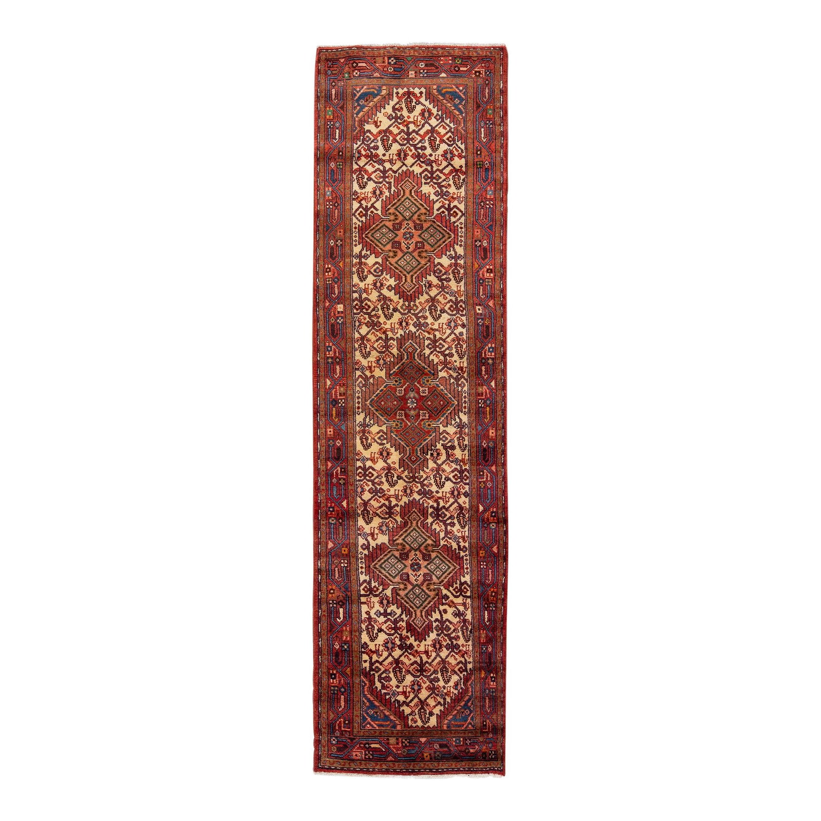 Vintage 1960s Persian Hamadan Beige Wool Runner Geometric Design: Vintage 1960s Persian Hamadan Beige Wool Runner Geometric Design Discover a stunning vintage Persian Hamadan runner, expertly hand-knotted from high-quality wool. Featuring a serene beige field, this 