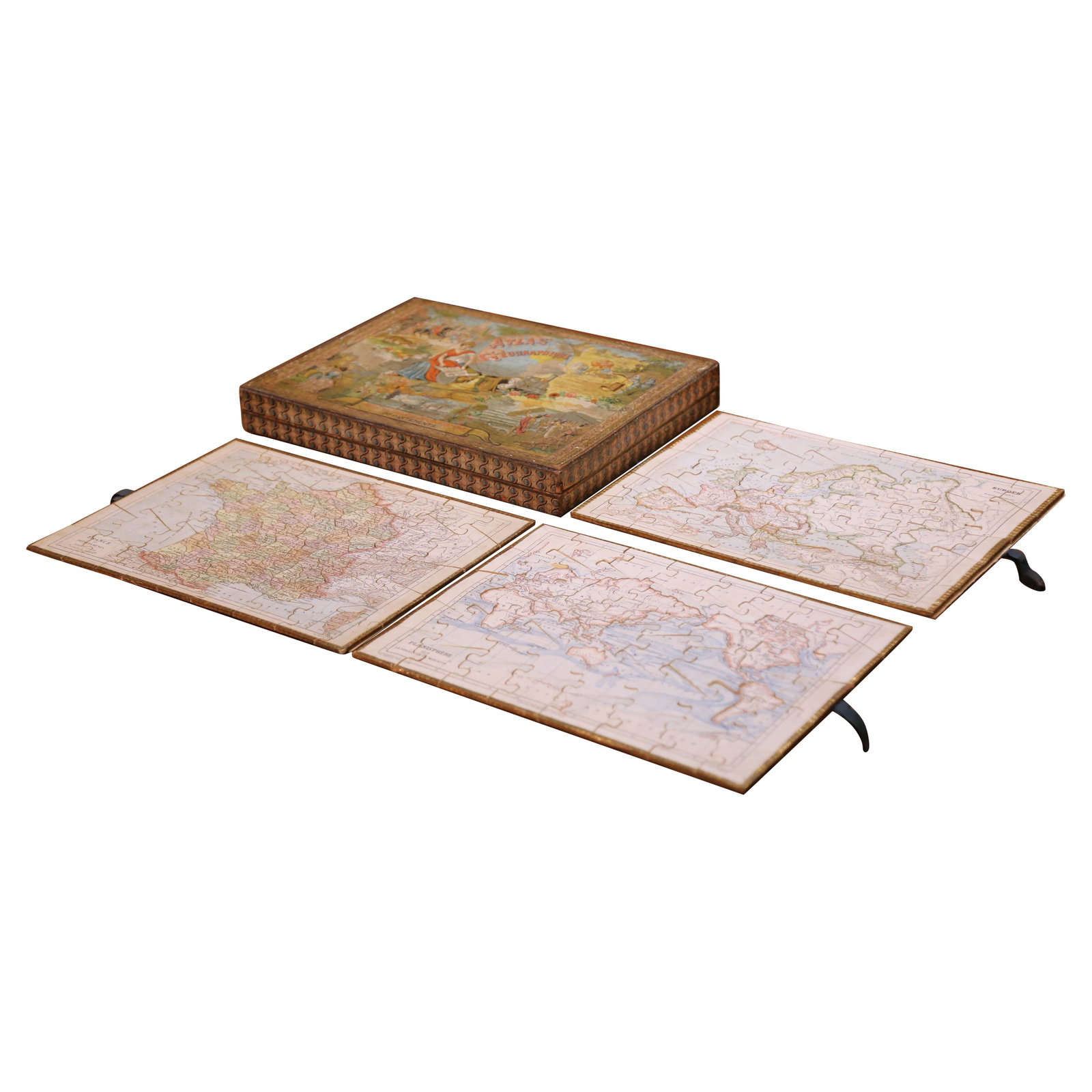 Circa 1903 French Belle Epoque Atlas Geographique Puzzle Box with Maps: Circa 1903 French Belle Epoque Atlas Geographique Puzzle Box with Maps Discover a remarkable piece of educational history with this French Educational Atlas Geographique Puzzle Box, dated circa 1903. 