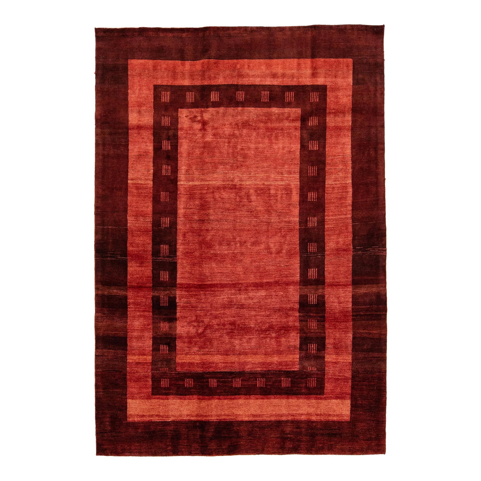 Vibrant Red Handmade Wool Gabbeh Rug 5'7 x 8'2 Geometric Design: Vibrant Red Handmade Wool Gabbeh Rug 5'7 x 8'2 Geometric Design This modern Gabbeh-style rug features a stunning hand-woven design in a vibrant red color field, complemented by elegant burgundy accent
