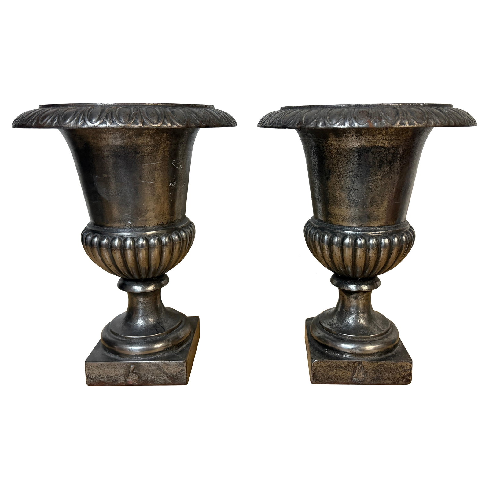 Set of 2 English Regency Silvered Cast Iron Egg-and-Dart Urns Circa 1830: Set of 2 English Regency Silvered Cast Iron Egg-and-Dart Urns Circa 1830 This pair of English Regency urns, dating to the early 19th century, is crafted from cast iron with remnants of the original si