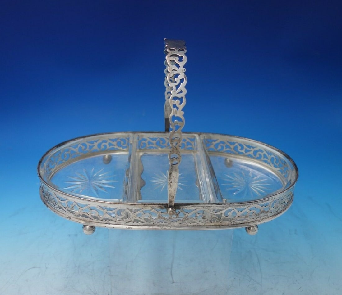 George Henckel Sterling Silver Tray with Cut Crystal Inserts #342: George Henckel Sterling Silver Tray with Cut Crystal Inserts #342 Discover this remarkable George Henckel sterling silver appetizer serving tray, featuring a gracefully designed handle and three exqui