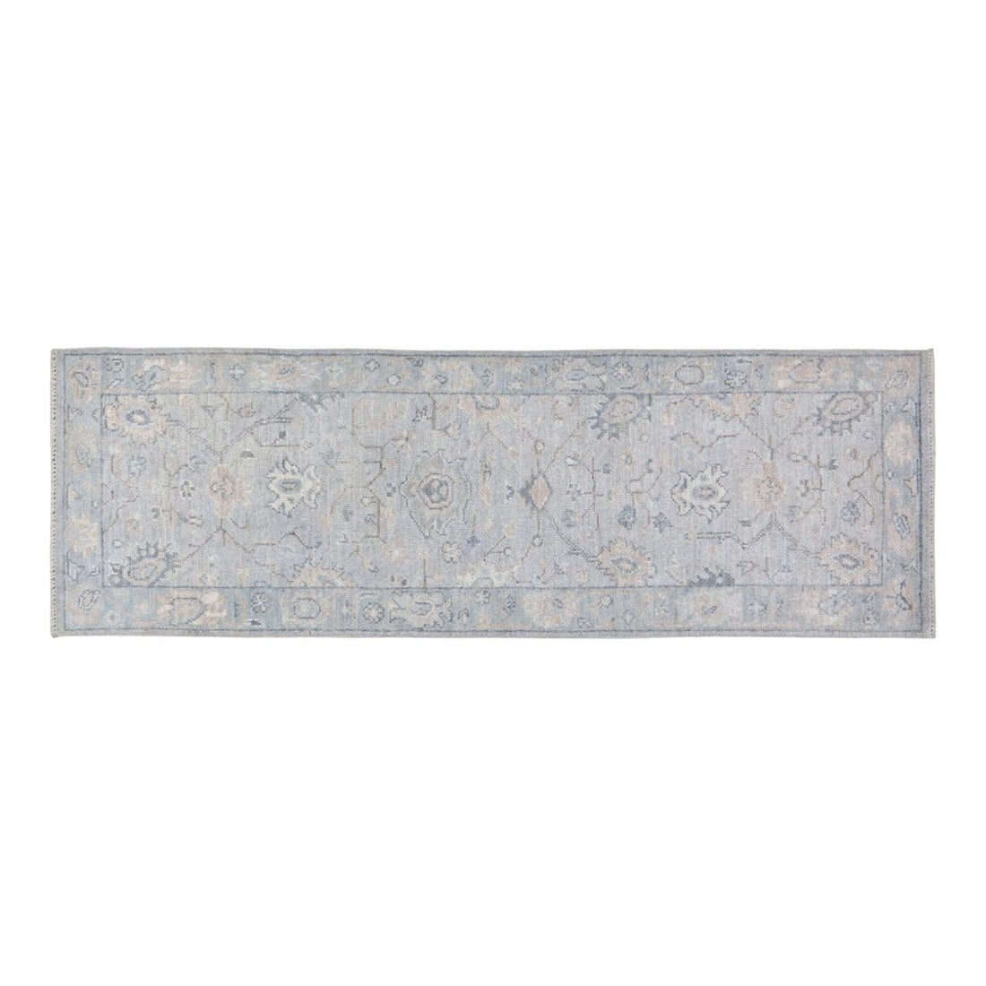 3'x10'1" Hand-Knotted Wool Oushak Runner in Stone Gray: 3'x10'1" Hand-Knotted Wool Oushak Runner in Stone Gray This Turkish Oushak rug is hand-knotted from wool using traditional techniques, offering a blend of classic artistry and modern design. Its durab
