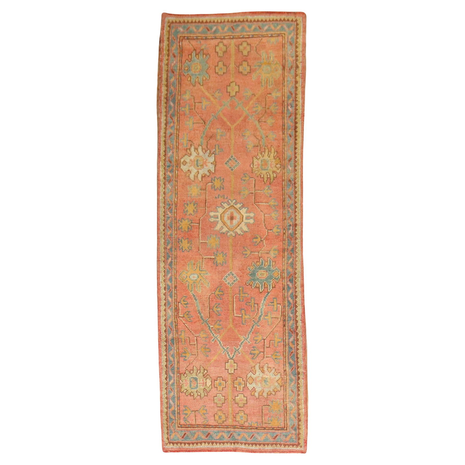 Antique Early 20th Century Wool Turkish Oushak Runner 39 x 116: Antique Early 20th Century Wool Turkish Oushak Runner 39 x 116 This exquisite early 20th century Turkish Oushak runner features a vibrant orange hue, showcasing the rich tradition of Turkish craftsman
