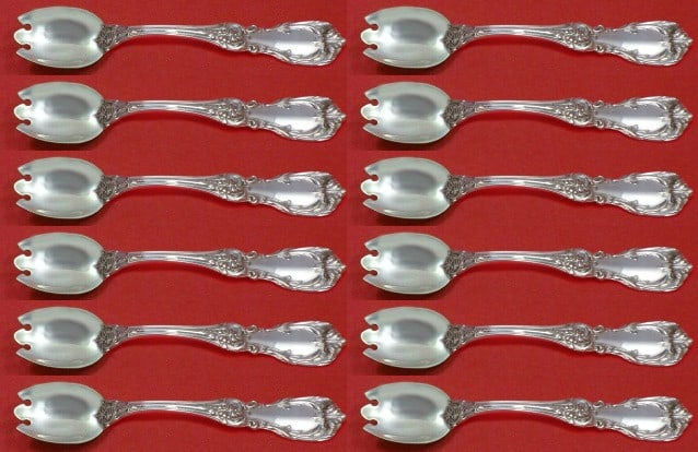 Reed and Barton Burgundy Sterling Silver Ice Cream Fork Set 12pc: Reed and Barton Burgundy Sterling Silver Ice Cream Fork Set 12pc Indulge in the elegance of the Burgundy pattern by Reed & Barton with this exquisite 12-piece set of sterling silver ice cream dessert 
