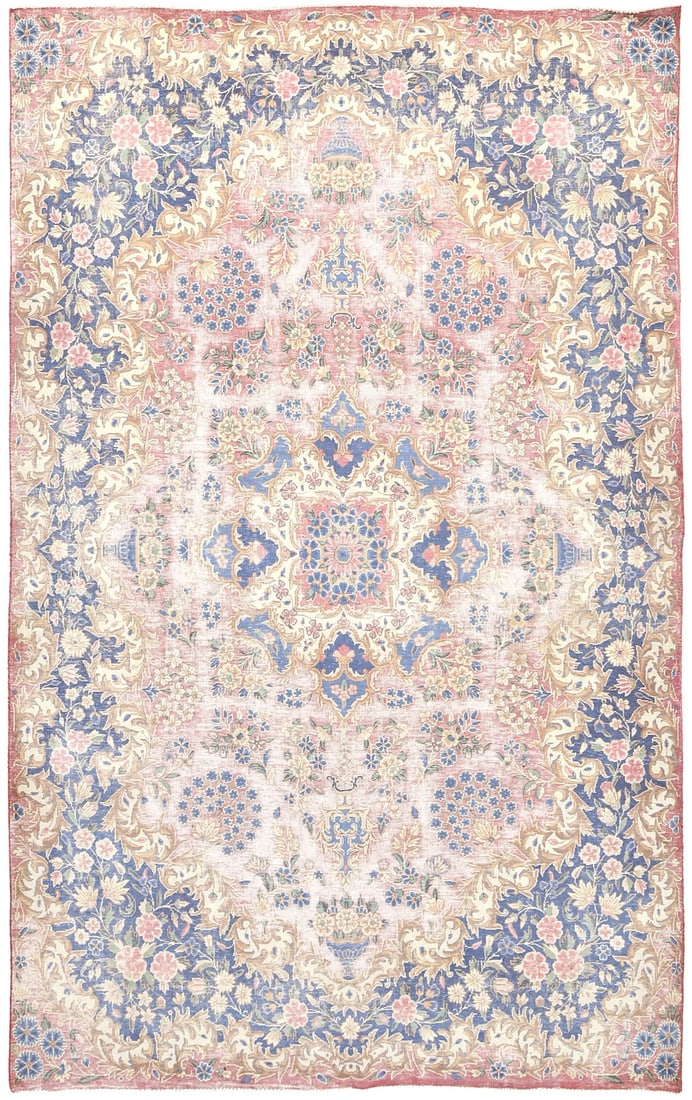 Vintage 1950s Hand-Knotted Floral Wool Rug 6'3 x 10'1 Eco Friendly: Vintage 1950s Hand-Knotted Floral Wool Rug 6'3 x 10'1 Eco Friendly Enhance your living space with this stunning Muted Floral Distressed Vintage Oriental Rug. Measuring 6'3" x 10'1", this hand-knotted 