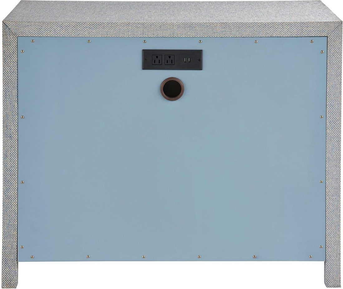 Universal Bimini Chest Blue Seagrass Finish Weekender Collection: Universal Bimini Chest Blue Seagrass Finish Weekender Collection Introducing the Bimini Chest from the Weekender Collection, a stylish and functional addition to your home decor. This chest features a