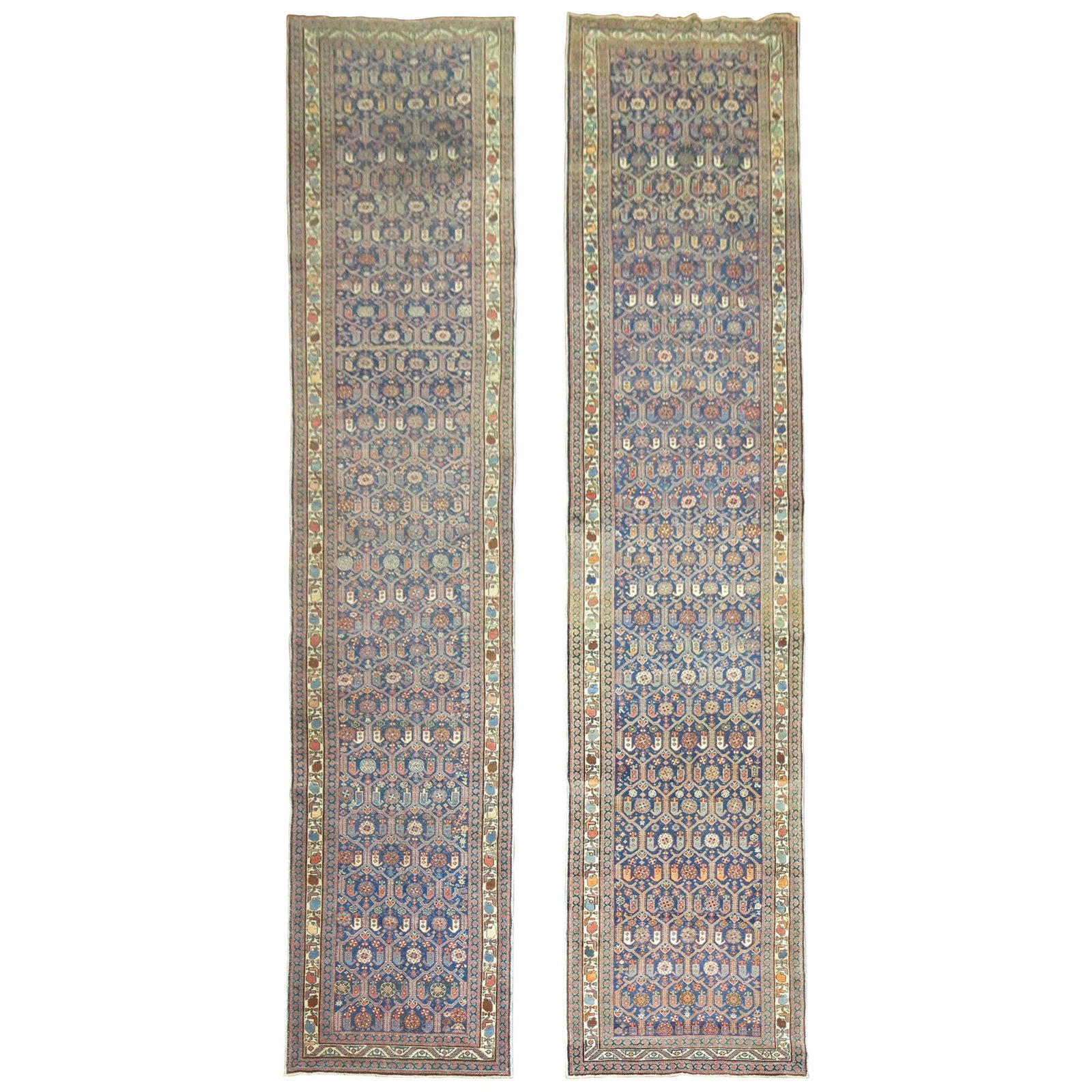 Zabihi Collection Set of 2 Navy Persian Antique Runners Tabriz Wool 1920: Zabihi Collection Set of 2 Navy Persian Antique Runners Tabriz Wool 1920 This exquisite pair of navy Persian antique runners showcases the rich tradition of Tabriz craftsmanship. Hand-woven from high-