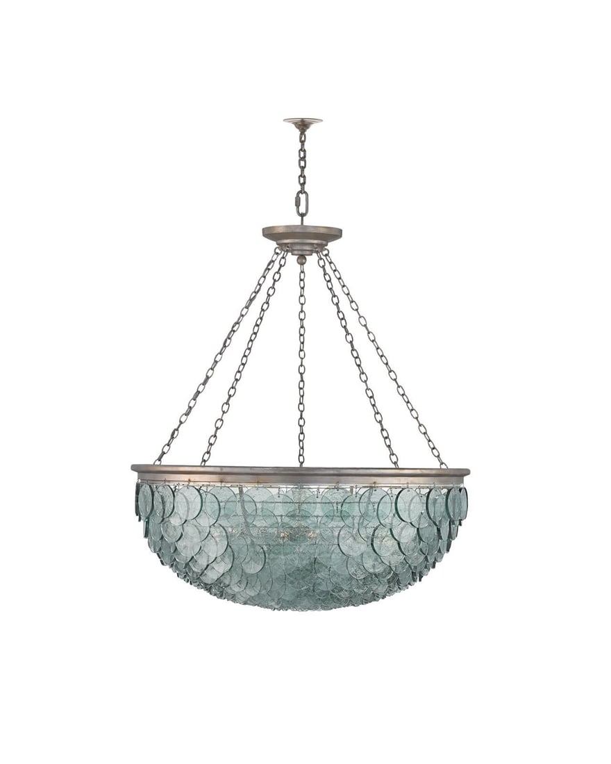 Currey Quorum Large Chandelier with Recycled Glass and Silver Leaf Finish: Currey Quorum Large Chandelier with Recycled Glass and Silver Leaf Finish This large Quorum chandelier from the Currey collection features an elegant design with recycled glass disks suspended from a 