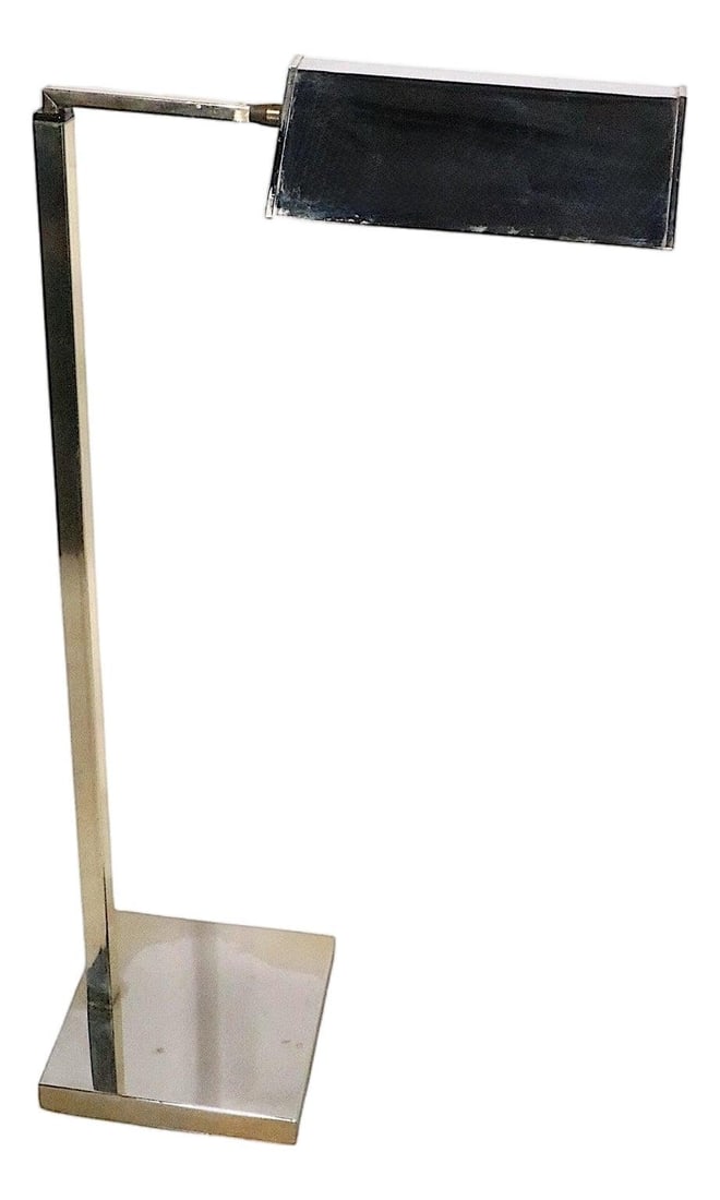 Adjustable Chrome Pharmacy Floor Lamp Squared Base Mid 20th Century Design: Adjustable Chrome Pharmacy Floor Lamp Squared Base Mid 20th Century Design This mid 20th century adjustable pharmacy-style floor lamp features a unique squared vertical standard and horizontal arm, co