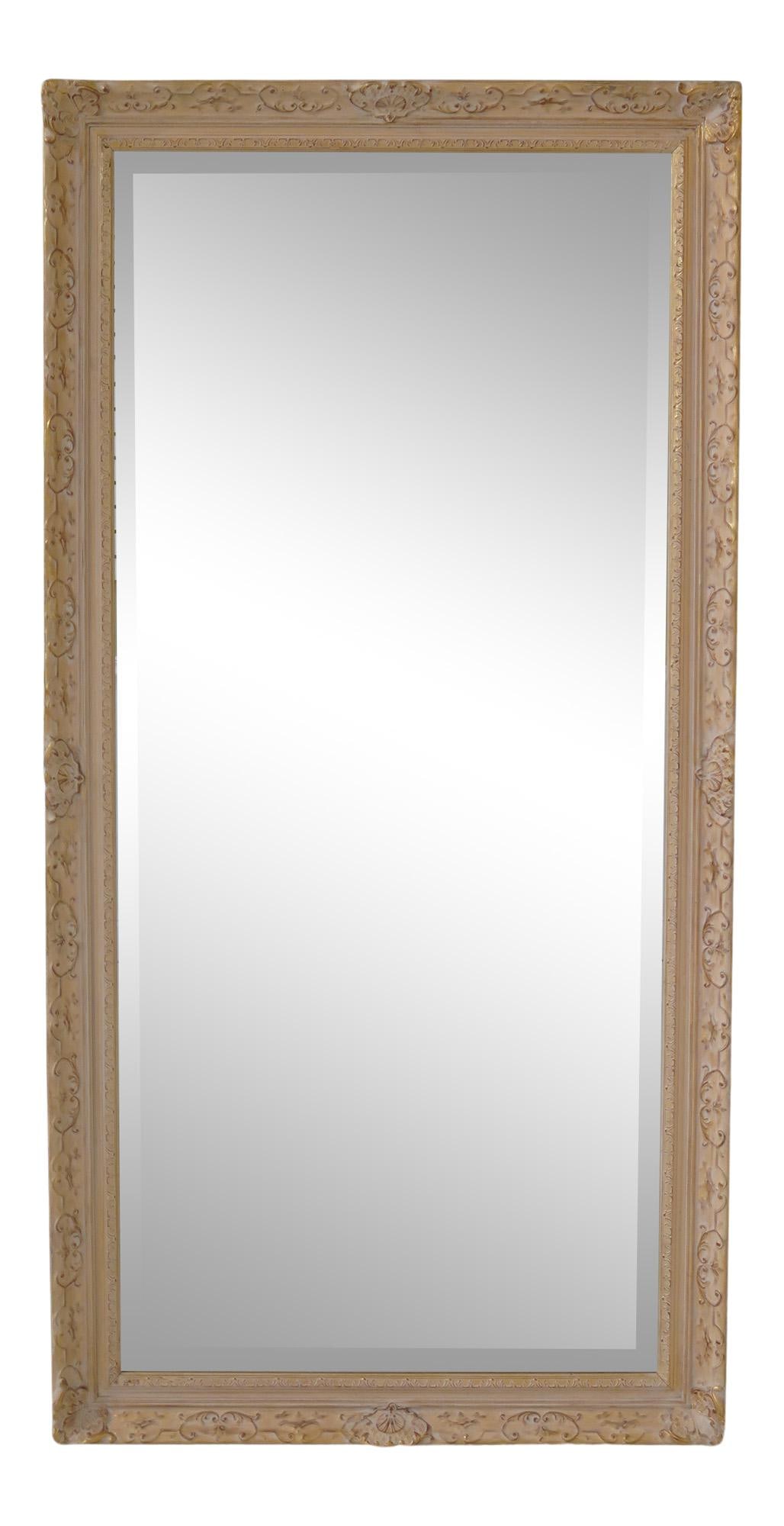 1990s Beveled Glass Decorative Mirror 36 x 72 Off White Gold Accents: 1990s Beveled Glass Decorative Mirror 36 x 72 Off White Gold Accents This exquisite beveled glass paint-decorated mirror from the 1990s showcases high-quality construction with an elegant off-white fi