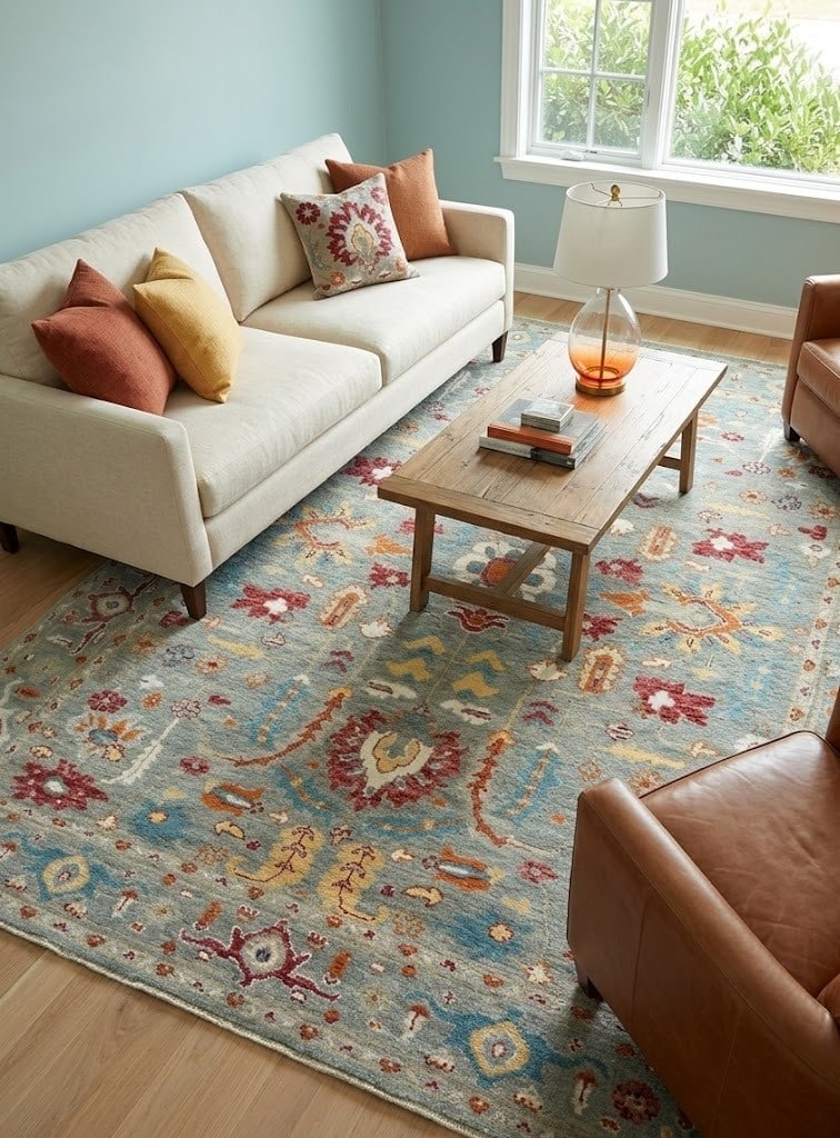 Hand-Knotted Floral Oushak 8'2 x 10'1 Wool Area Rug: Hand-Knotted Floral Oushak 8'2 x 10'1 Wool Area Rug Enhance your living space with this exquisite hand-knotted floral style Oushak area rug, measuring 8'2" x 10'1". Crafted in Western Asia, this stunn