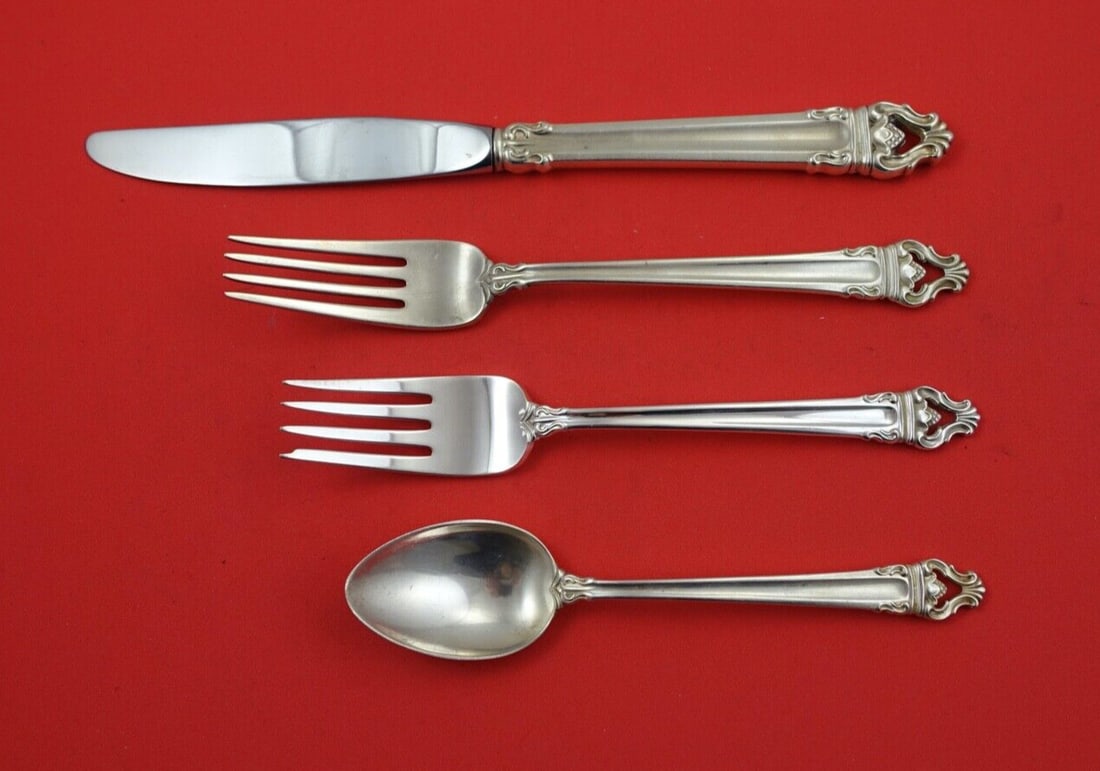 Reed and Barton Emperor Sterling Silver 4-Pc Flatware Set: Reed and Barton Emperor Sterling Silver 4-Pc Flatware Set Elevate your dining experience with the Emperor 4-piece setting by Reed and Barton, crafted from high-quality sterling silver (.925). This ele