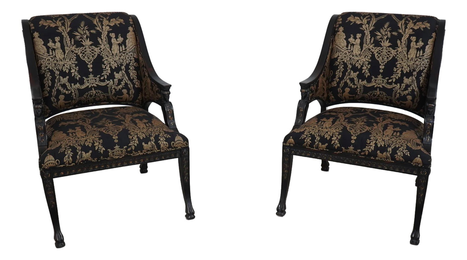 Elegant Pair of Black Gold Chinoiserie Armchairs with Carved Egyptian Arms: Elegant Pair of Black Gold Chinoiserie Armchairs with Carved Egyptian Arms This elegant pair of black and gold Chinoiserie upholstered armchairs showcases exquisite craftsmanship and timeless design. 