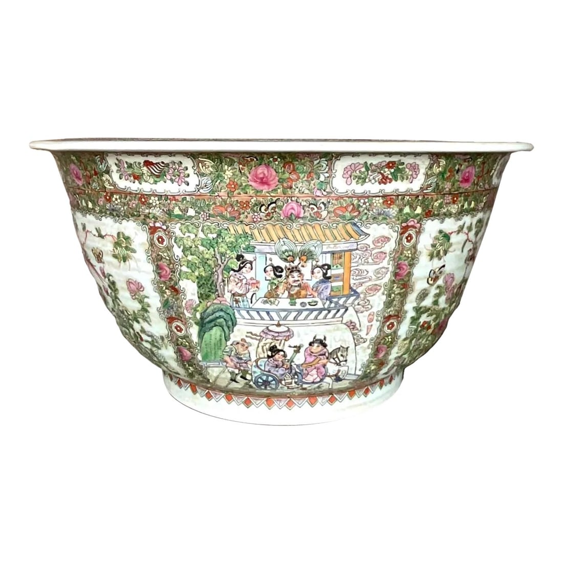 Monumental Vintage Asian Rose Famile Centerpiece Bowl: Monumental Vintage Asian Rose Famile Centerpiece Bowl This magnificent vintage Asian centerpiece bowl showcases the iconic Rose Famile design, featuring stunning hand-painted details that add a touch 