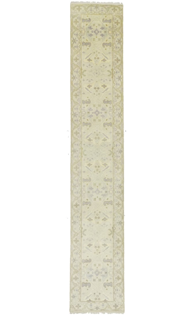 Wool Floral Osh Chobi Runner Rug 2'8 x 13'7 Hand-Knotted Indian Carpet: Wool Floral Osh Chobi Runner Rug 2'8 x 13'7 Hand-Knotted Indian Carpet This handmade oversized runner rug features a hand-knotted construction with a floral pattern, blending muted tones such as cream