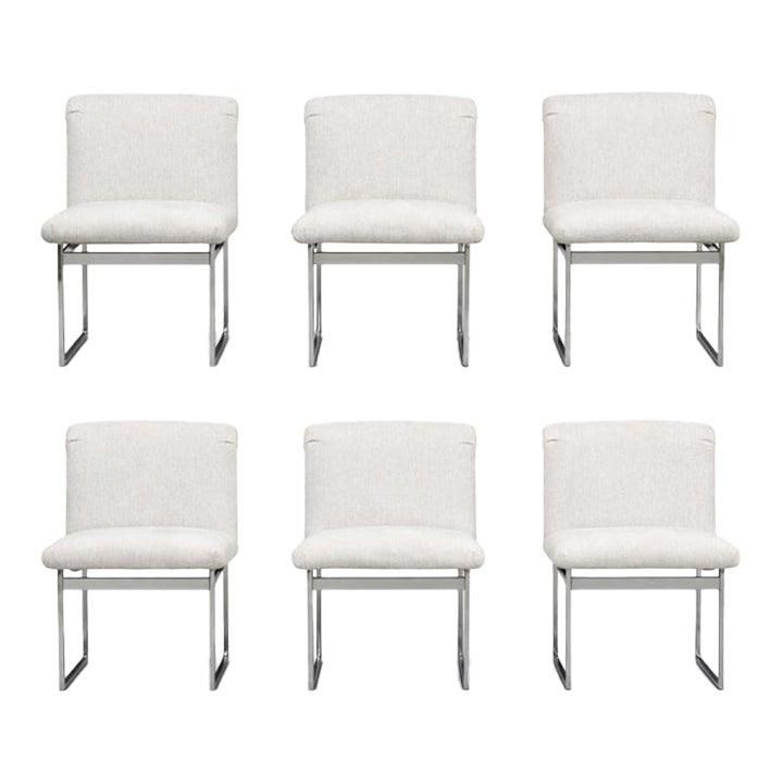 Set of Six White Upholstered Chrome Dining Chairs by Milo Baughman (1 of 9)
