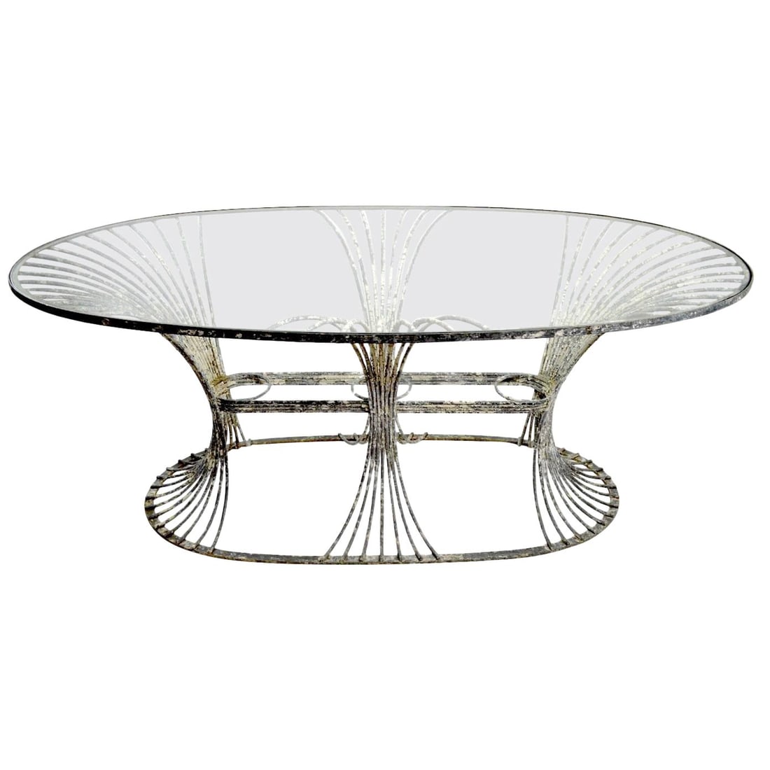 Leinfelder Art Deco Garden Table Zinc Glass Oval Top: Leinfelder Art Deco Garden Table Zinc Glass Oval Top Discover this exquisite Art Deco Garden Table, a rare find handcrafted from durable zinc, featuring a stylish oval glass insert top. This spacious 