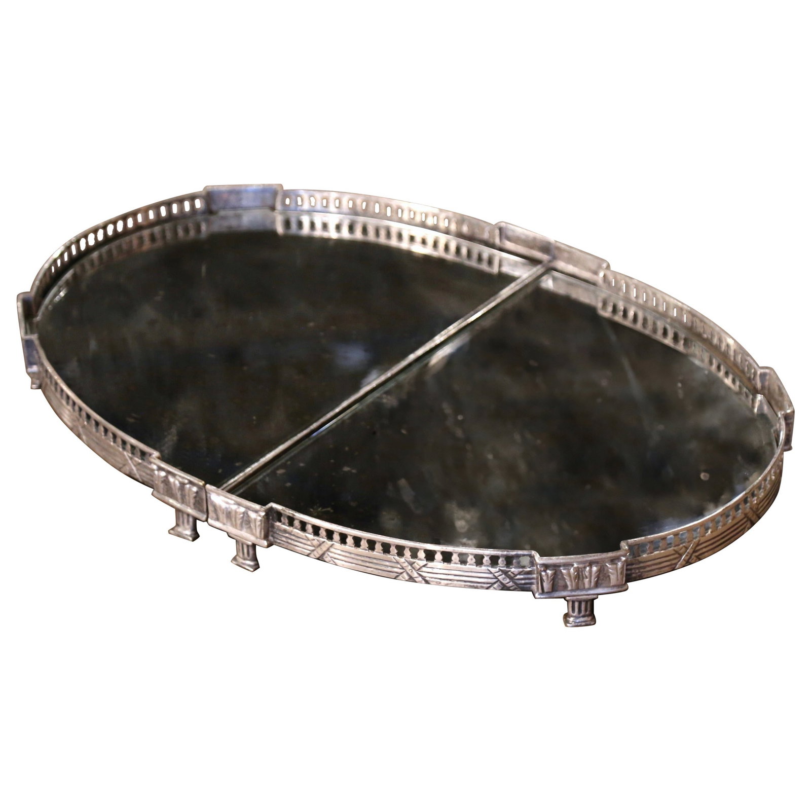 19th Century French Silvered Bronze Mirrored Surtout de Table Centerpiece: 19th Century French Silvered Bronze Mirrored Surtout de Table Centerpiece Enhance your dining experience with this exquisite 19th Century French Silvered Bronze & Mirrored Two-Piece "Surtout de Table"