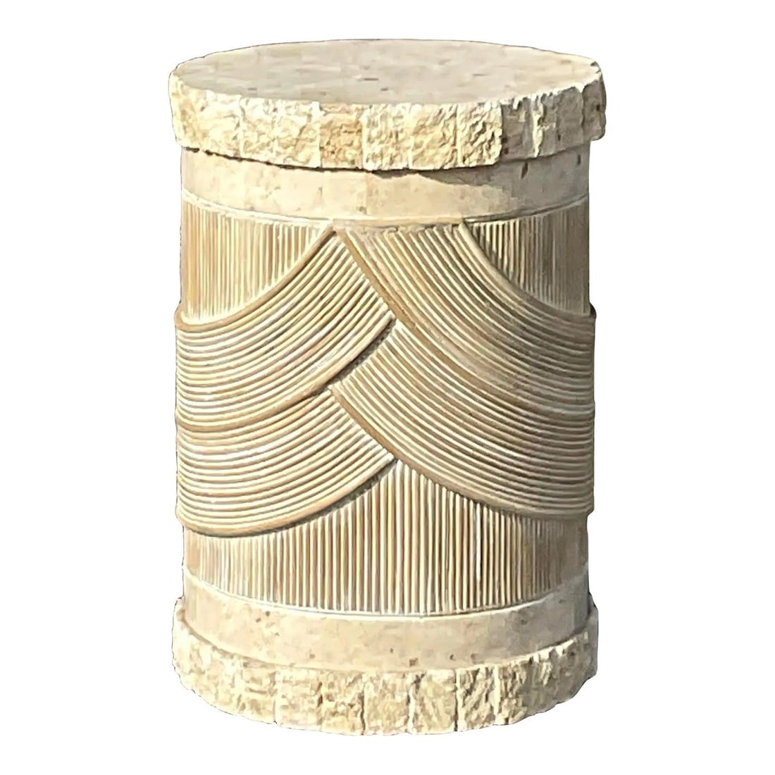 Coastal Vintage Washed Pencil Reed Pedestal with Tessellated Stone Top: Coastal Vintage Washed Pencil Reed Pedestal with Tessellated Stone Top This stunning late 20th-century vintage pedestal features a chic washed pencil reed base complemented by a beautiful tessellated 