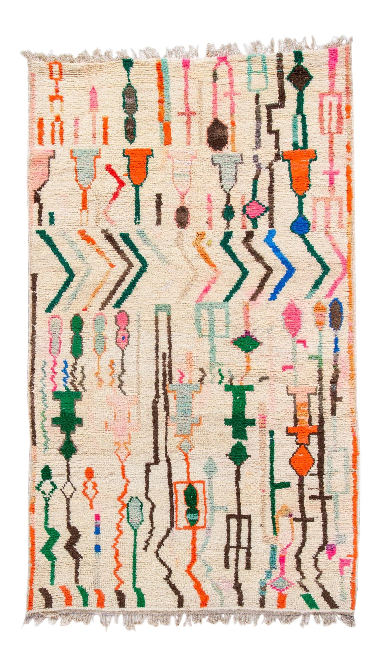 Vintage Azilal Moroccan Hand-Knotted Wool Rug 4'7 x 7'10 Multicolor Design: Vintage Azilal Moroccan Hand-Knotted Wool Rug 4'7 x 7'10 Multicolor Design This beautiful Vintage Azilal Moroccan hand-knotted wool rug features an ivory field adorned with vibrant multicolor accents.