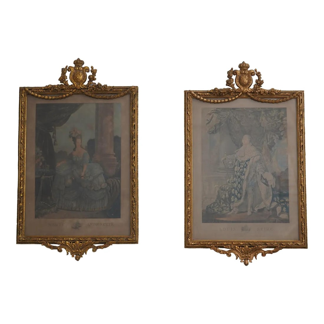 Vintage Rococo Framed Engravings of Marie Antoinette and Louis Seize: Vintage Rococo Framed Engravings of Marie Antoinette and Louis Seize Enhance your decor with this exquisite pair of vintage French framed colored engravings, approximately 150 years old. These stunnin