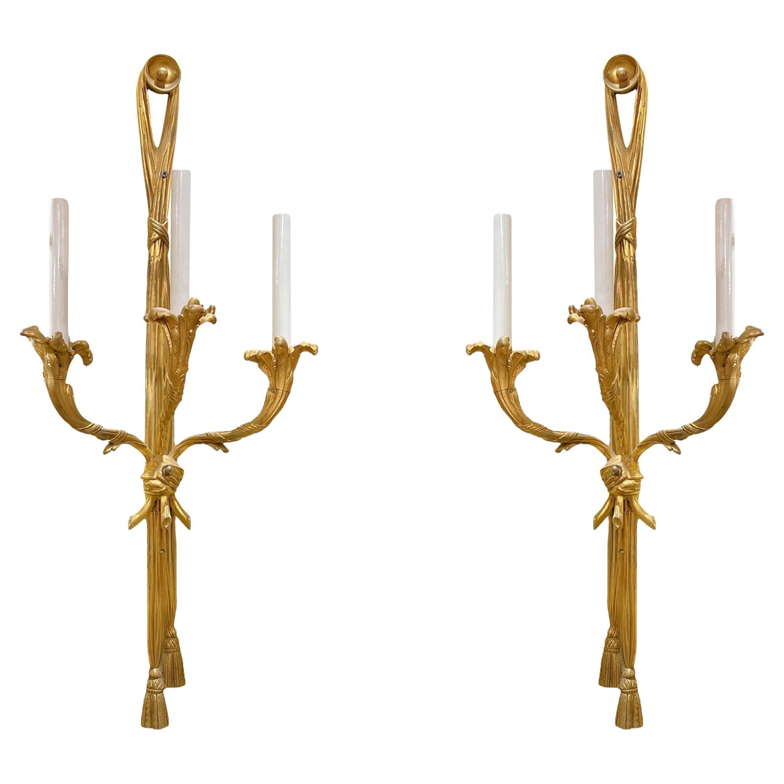 Set of 2 Gilt Bronze French Ribbon and Tassel Wall Sconces Three-Light: Set of 2 Gilt Bronze French Ribbon and Tassel Wall Sconces Three-Light This is a pair of large antique gilt bronze three-light wall sconces crafted in the French Louis XV/XVI style. Featuring ornate r