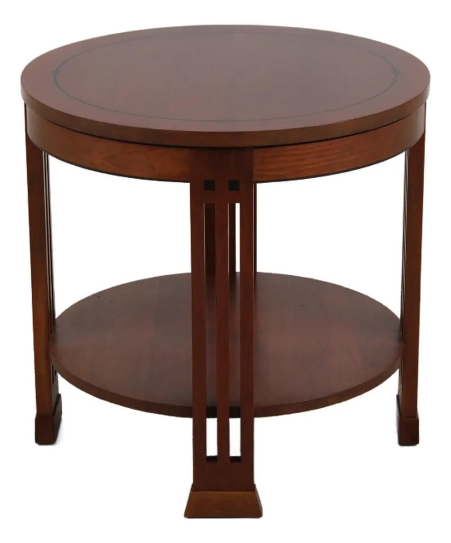 Cherry Wood Arts and Crafts End Table With Ebony Inlay by Stickley: Cherry Wood Arts and Crafts End Table With Ebony Inlay by Stickley This Stickley round end table from the 21st Century Collection features quality cherry wood construction with a brown finish (Finish 