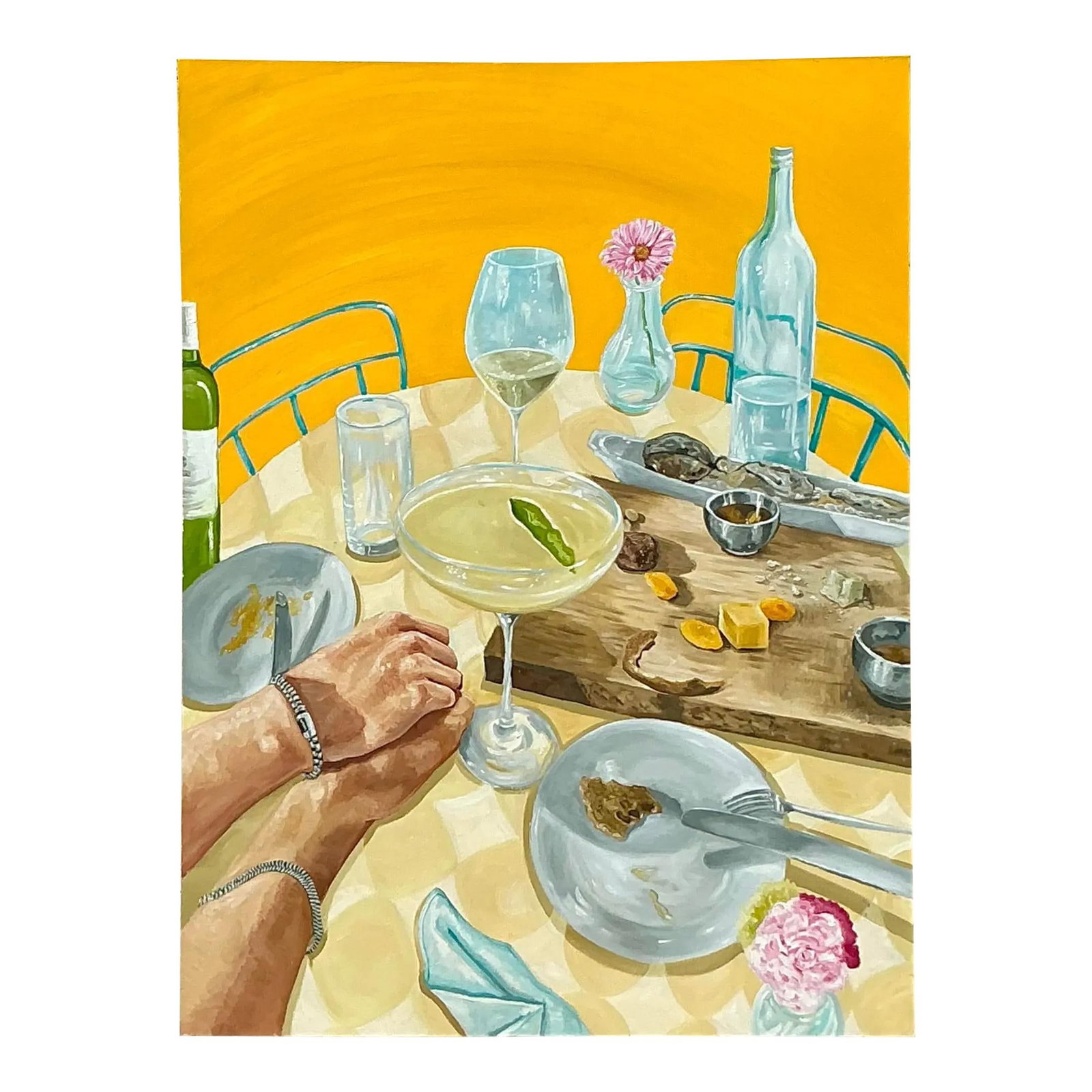 Vintage Boho Abstract Expressionist Oil Painting Dining Scene 45x60: Vintage Boho Abstract Expressionist Oil Painting Dining Scene 45x60 Enhance your living space with this vibrant abstract expressionist oil painting, featuring a cheerful dining scene enriched with gol