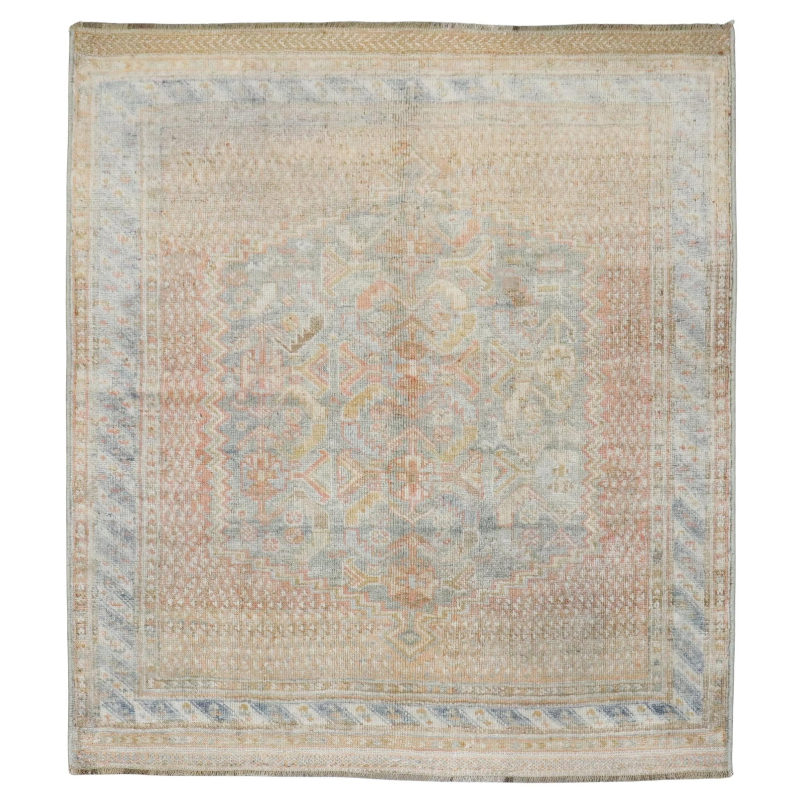 Antique Persian Afshar Rug Handwoven Wool 3'4" x 3'7" Circa 1920: Antique Persian Afshar Rug Handwoven Wool 3'4" x 3'7" Circa 1920 This is a pale, soft peach Persian Afshar small square rug from the early 20th century. Featuring a tribal style, it is expertly hand-w