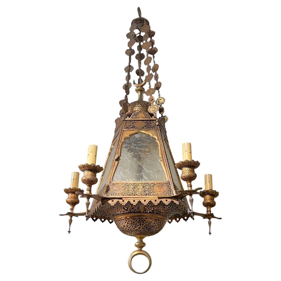 French Bronze Lantern Chandelier With Stained Glass Persian Style Panels: French Bronze Lantern Chandelier With Stained Glass Persian Style Panels This French antique chandelier from the 1920s features a hexagonal bronze frame in a Persian or Middle Eastern style, adorned w