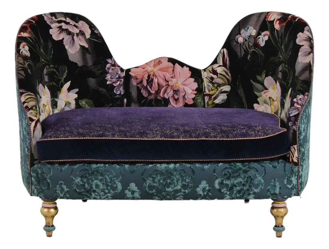 Whimsical Upholstered Settee with Painted Gold Leaf Legs 60 Inch: Whimsical Upholstered Settee with Painted Gold Leaf Legs 60 Inch This Mackenzie Childs loveseat settee features vibrant and bright upholstery, complemented by paint-decorated legs with gold leaf accen