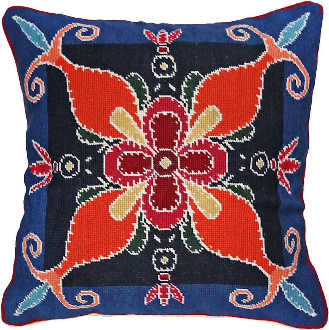 Victorian Style Needlepoint Pillow Royal Blue Velvet Back 18x18 (1 of 1)