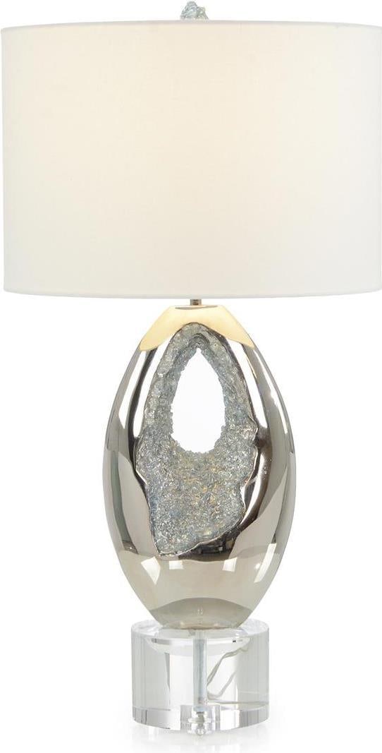 John-Richard 30.25 Inch Blue Geode Table Lamp with Off-White Shade: John-Richard 30.25 Inch Blue Geode Table Lamp with Off-White Shade Illuminate your space with this sophisticated blue geode table lamp, a striking addition to your home decor. Standing at a height of 